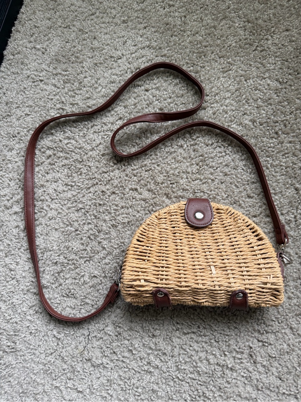 White House Black Market Woven Straw Crossbody with Brown Trim